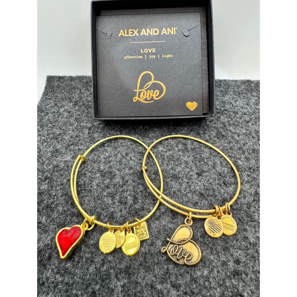 Alex and Ani Love Bangle Bracelet Set Rafaelian Gold Red Crystal Heart 2pc